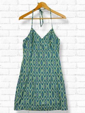 Byer Too! Vintage Y2K Paisley Print V Neck Tie Halter Mini Dress Blue Green